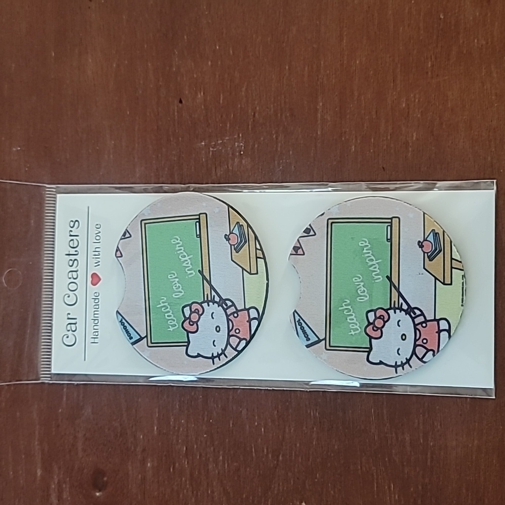 Kitty Cat Teach Love Inspire Handmade Reuseable Neoprene Set of 2 Car Coaster